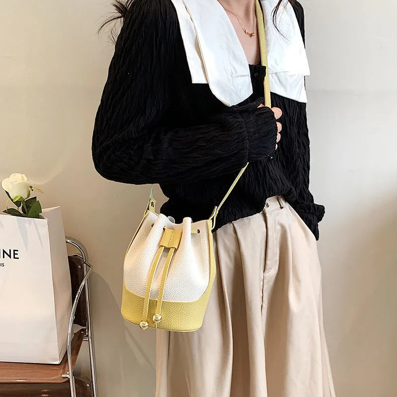Summer Bright Bucket Shoulder Bag Drawstring Tote Bag PU Leather