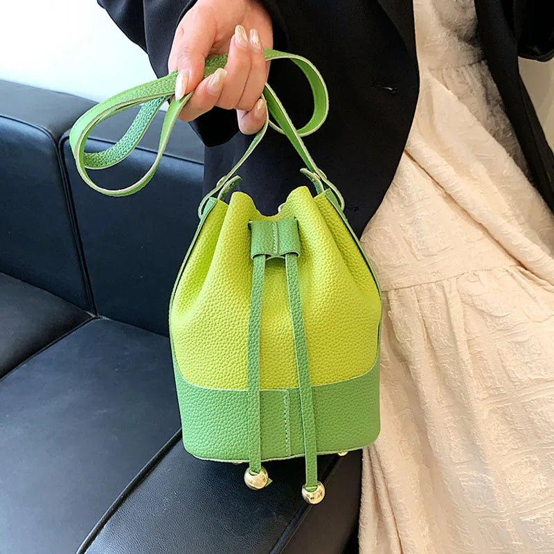 Summer Bright Bucket Shoulder Bag Drawstring Tote Bag PU Leather