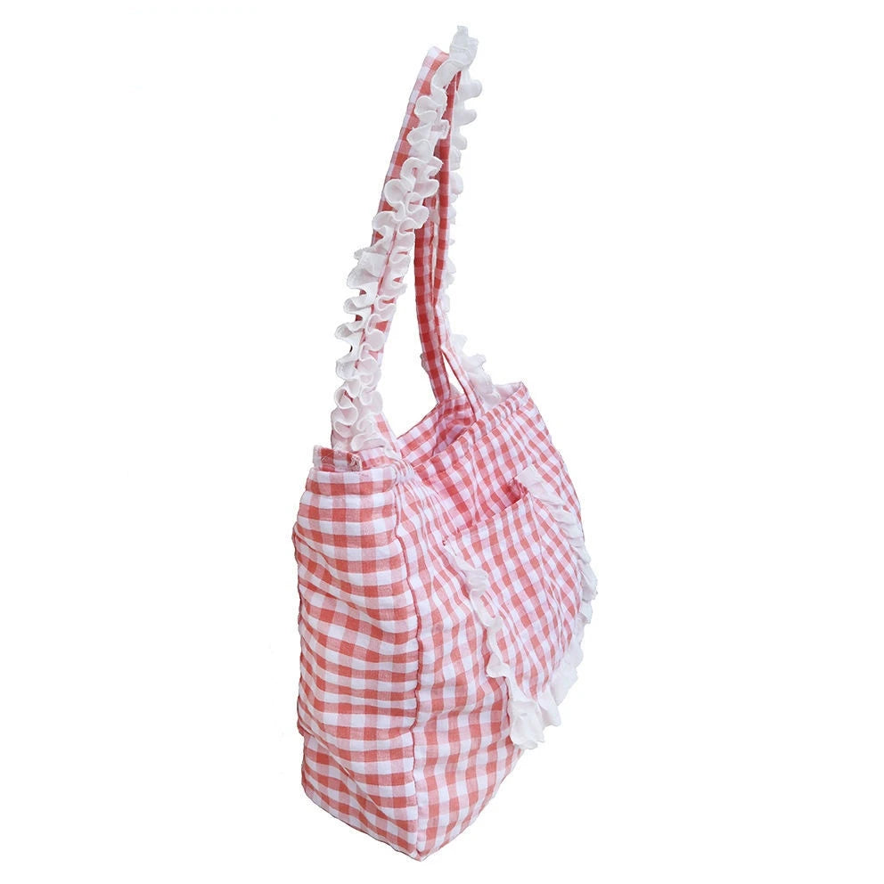Vintage Plaid Ruched Bucket Shoulder Bag Mori Style