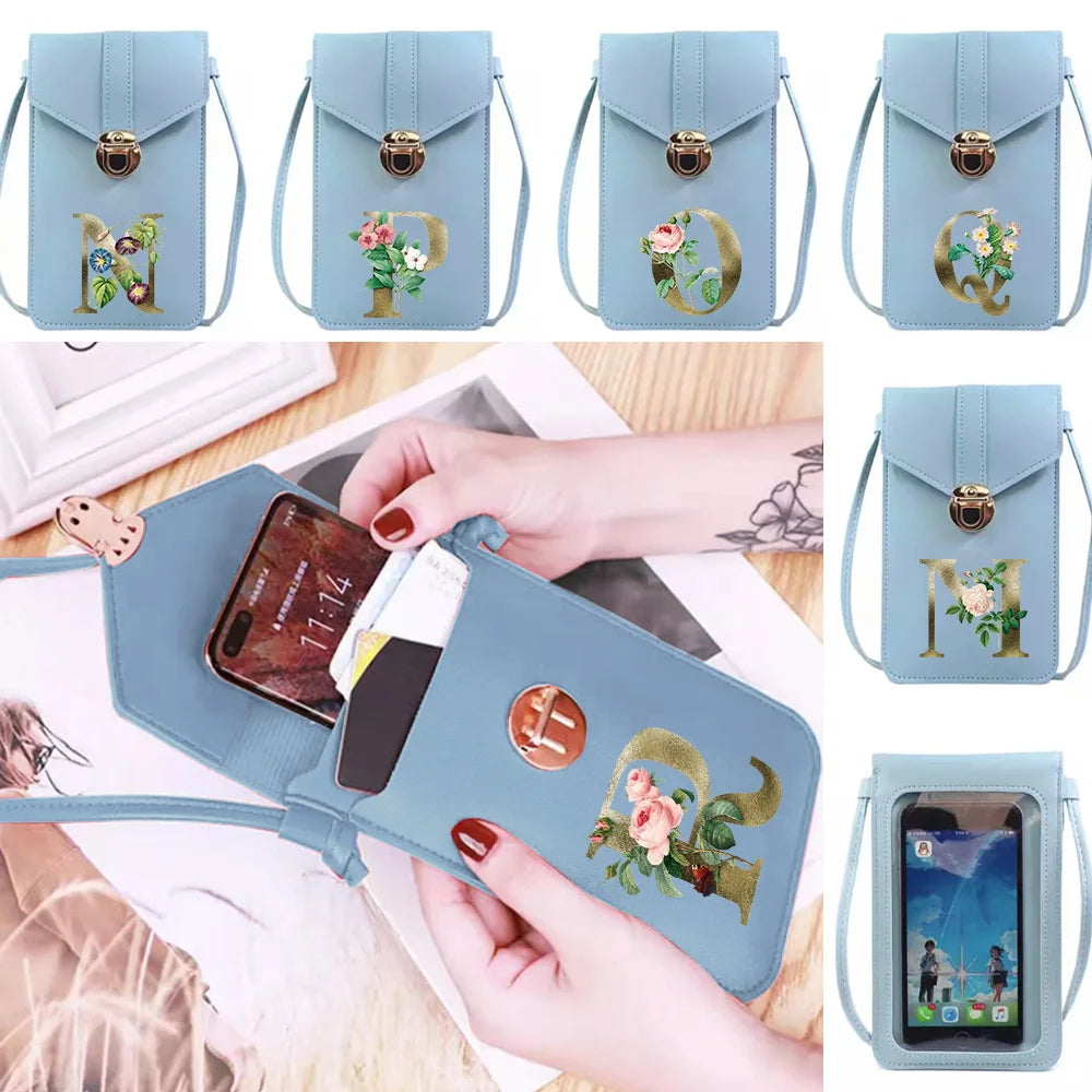 Women PU Leather Wallet Crossbody Bag Golden Flower Print Handbag