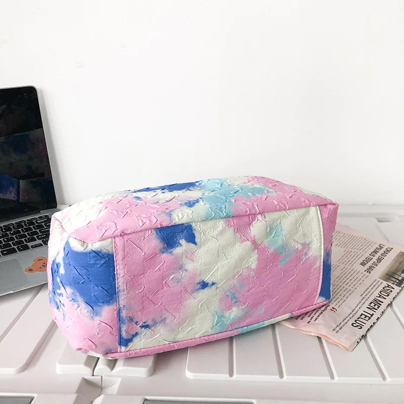 Women Shoulder Bag Tie-Dye Contrast Nylon Wide Strap Messenger Bag