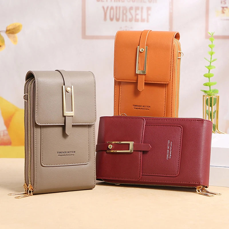 Women Soft Leather Wallet Touch Screen Phone Purse Crossbody Handbag