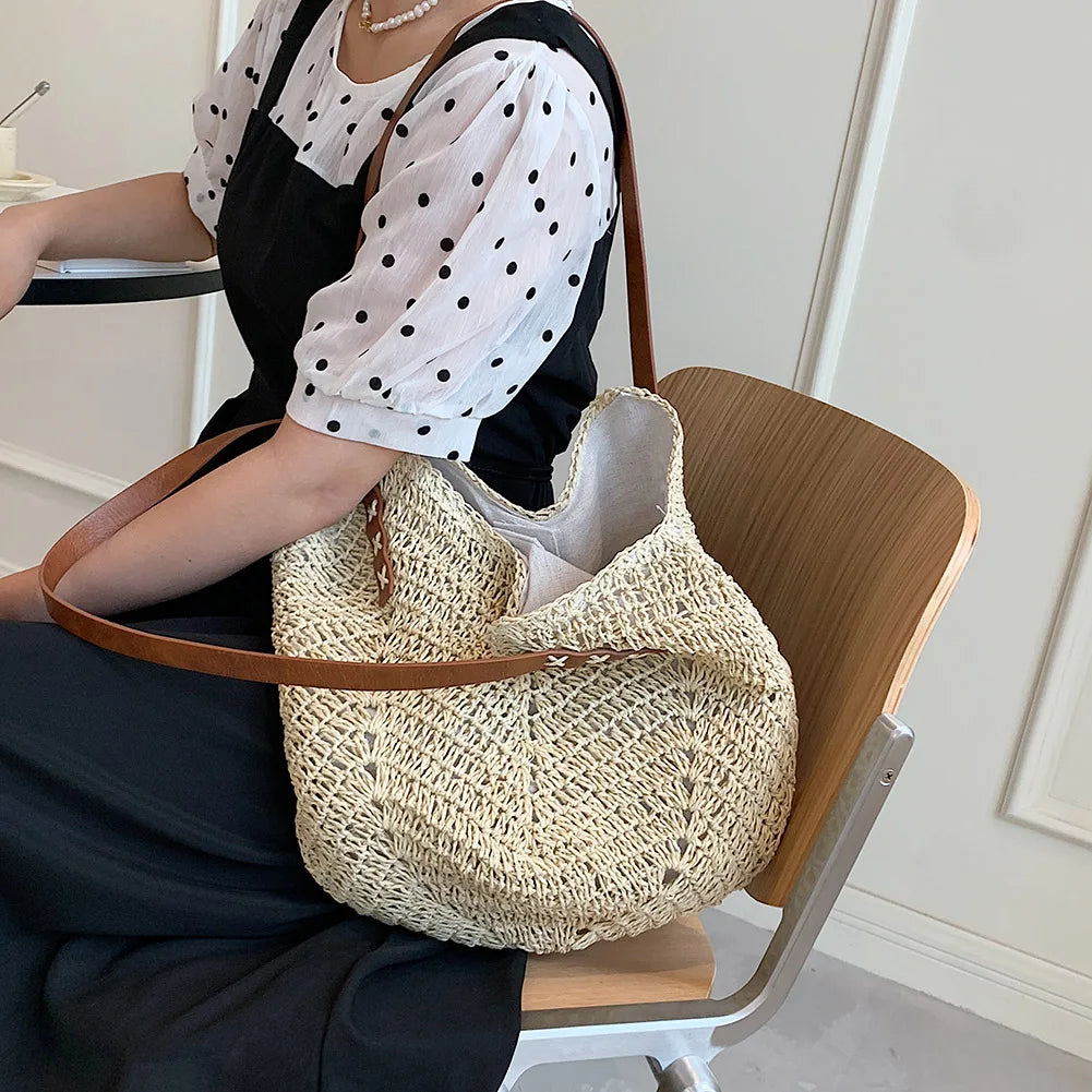 Vintage Woven Rattan Shoulder Bag Beach Travel Vacation Casual Bohemian Bag