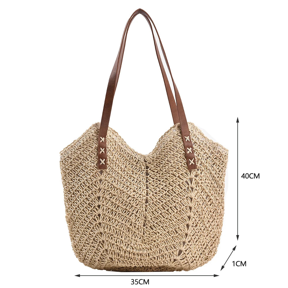 Vintage Woven Rattan Shoulder Bag Beach Travel Vacation Casual Bohemian Bag
