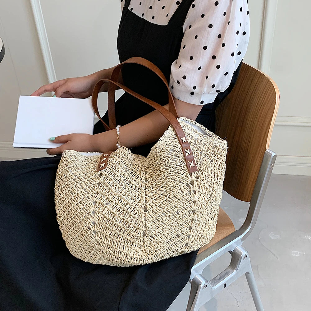 Vintage Woven Rattan Shoulder Bag Beach Travel Vacation Casual Bohemian Bag