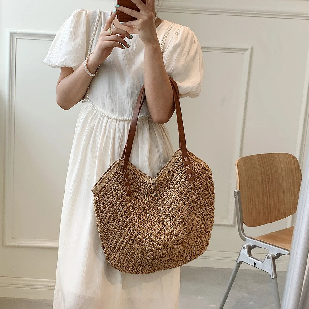 Vintage Woven Rattan Shoulder Bag Beach Travel Vacation Casual Bohemian Bag