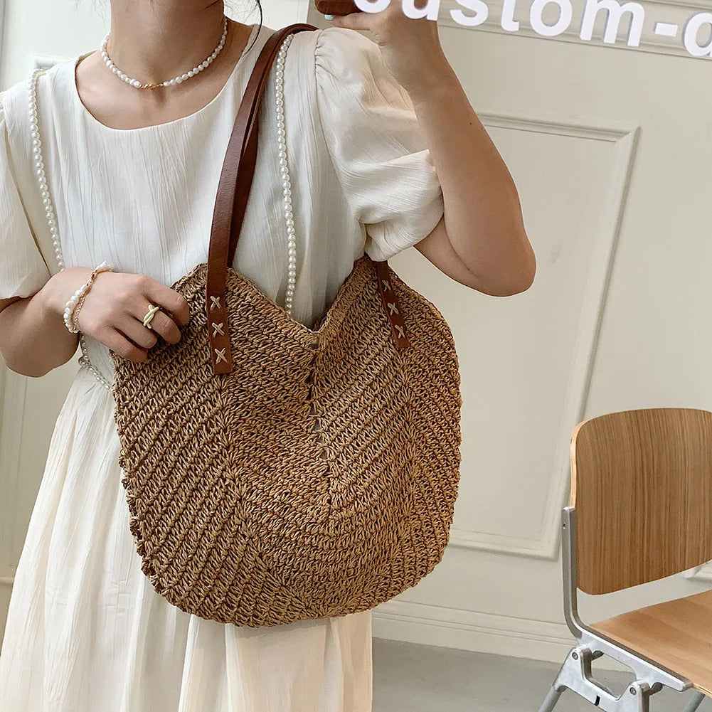Vintage Woven Rattan Shoulder Bag Beach Travel Vacation Casual Bohemian Bag