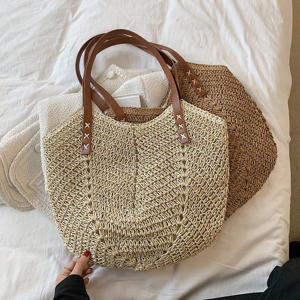 Vintage Woven Rattan Shoulder Bag Beach Travel Vacation Casual Bohemian Bag