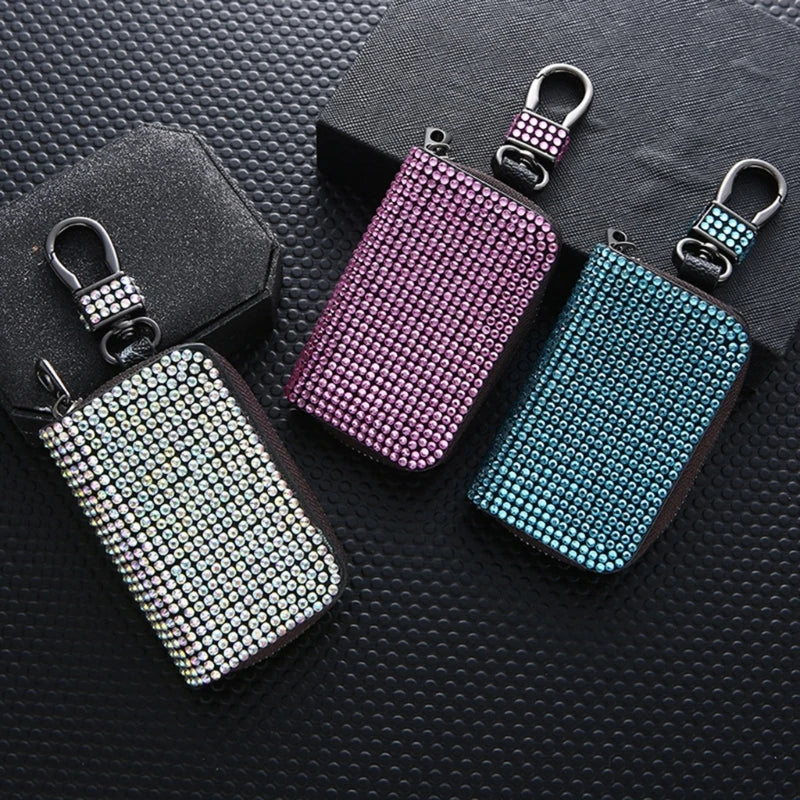 Bling Crystal Car Key Case Wallet Rhinestone Keychain Zipper Bag