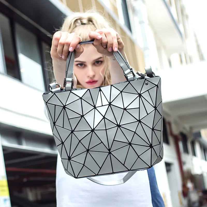 Diamond Tote Geometric Quilted Shoulder Bag Laser Plain Folding Handbag