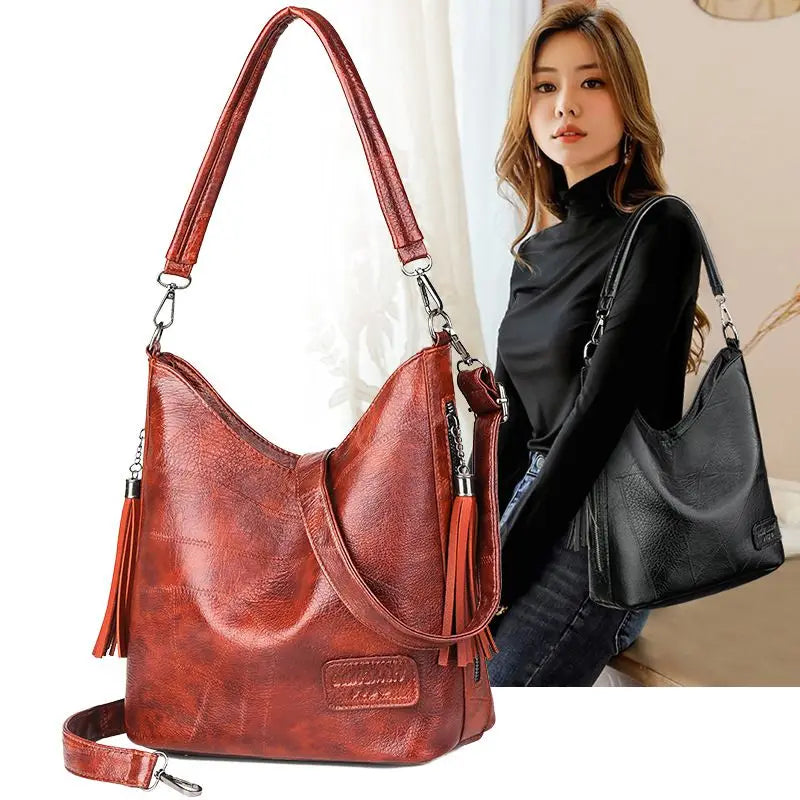 Vintage Soft Leather Bucket Bag for Women Shoulder Cross Body Handbag