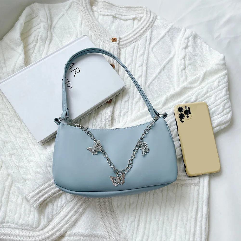 Women Butterfly Chain Shoulder Bag PU Leather Zipper Shopping Purse