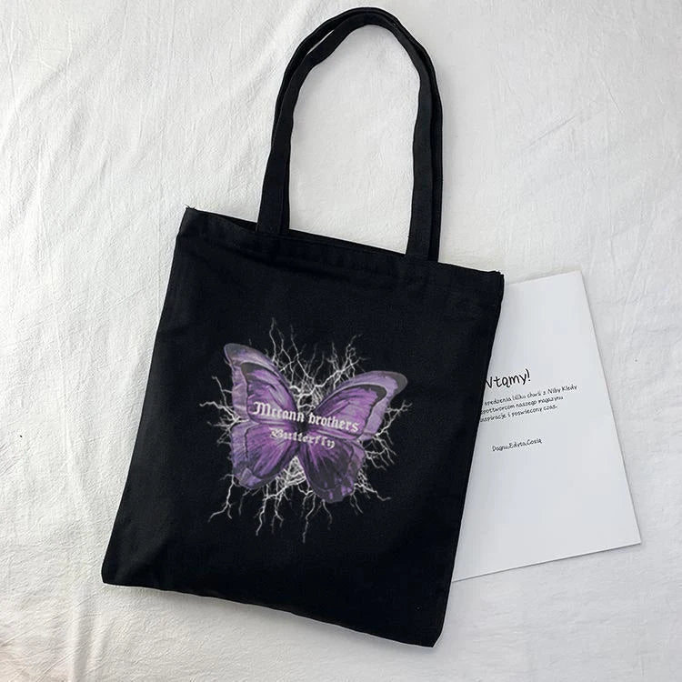 Butterfly Lightning Print Canvas Shopper Bag Harajuku Vintage Shoulder Handbag