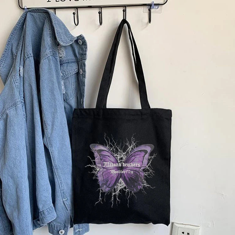 Butterfly Lightning Print Canvas Shopper Bag Harajuku Vintage Shoulder Handbag