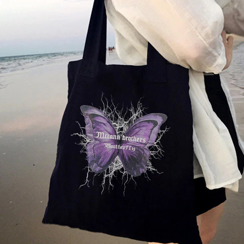 Butterfly Lightning Print Canvas Shopper Bag Harajuku Vintage Shoulder Handbag