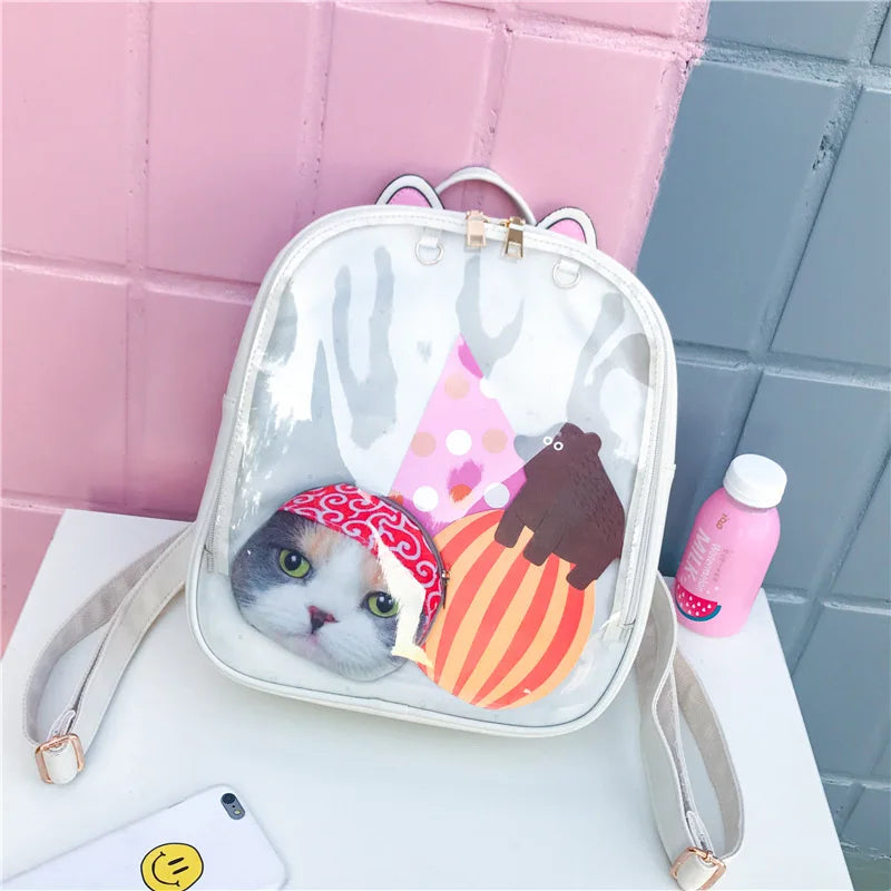 Women Candy Cat Ita Bag Clear Transparent Backpack School Bags