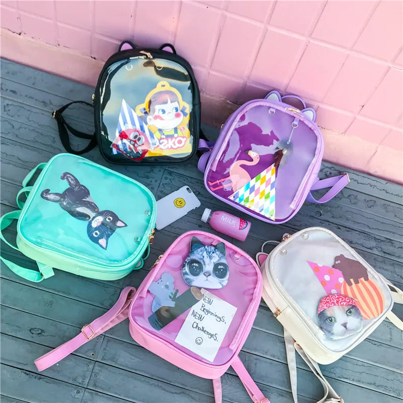 Women Candy Cat Ita Bag Clear Transparent Backpack School Bags