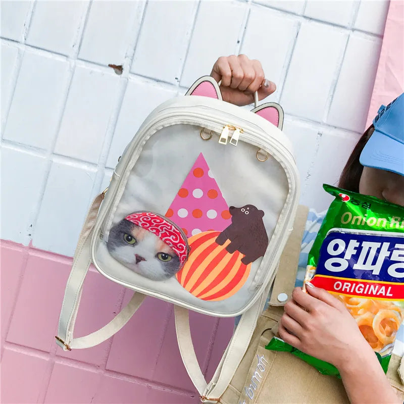 Women Candy Cat Ita Bag Clear Transparent Backpack School Bags