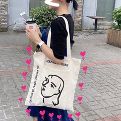 Stick Figure Printed Canvas Tote Bag Eco Friendly Shoulder Handbag