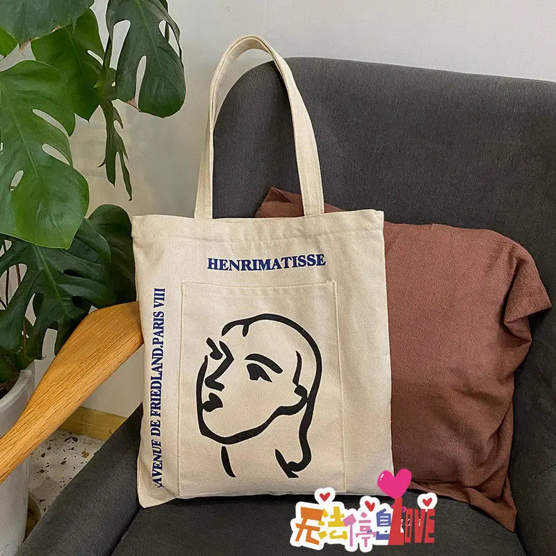 Stick Figure Printed Canvas Tote Bag Eco Friendly Shoulder Handbag