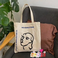 Stick Figure Printed Canvas Tote Bag Eco Friendly Shoulder Handbag