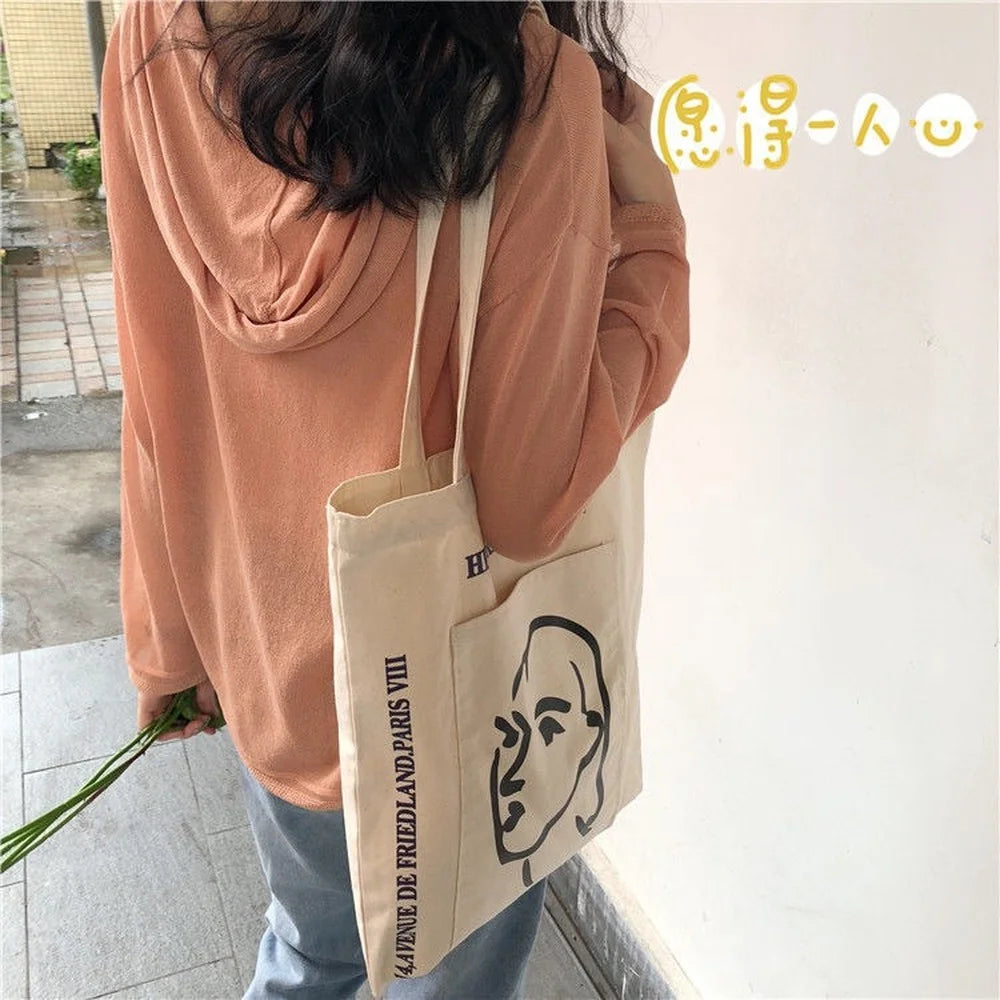 Stick Figure Printed Canvas Tote Bag Eco Friendly Shoulder Handbag