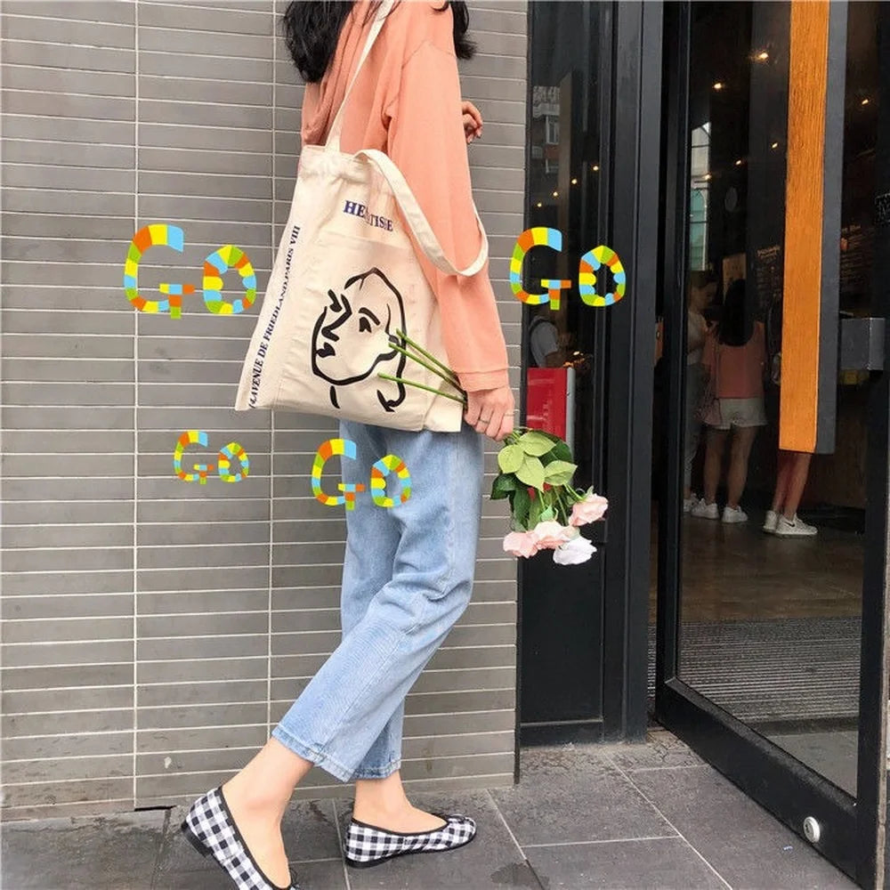 Stick Figure Printed Canvas Tote Bag Eco Friendly Shoulder Handbag