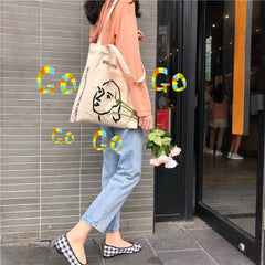 Stick Figure Printed Canvas Tote Bag Eco Friendly Shoulder Handbag
