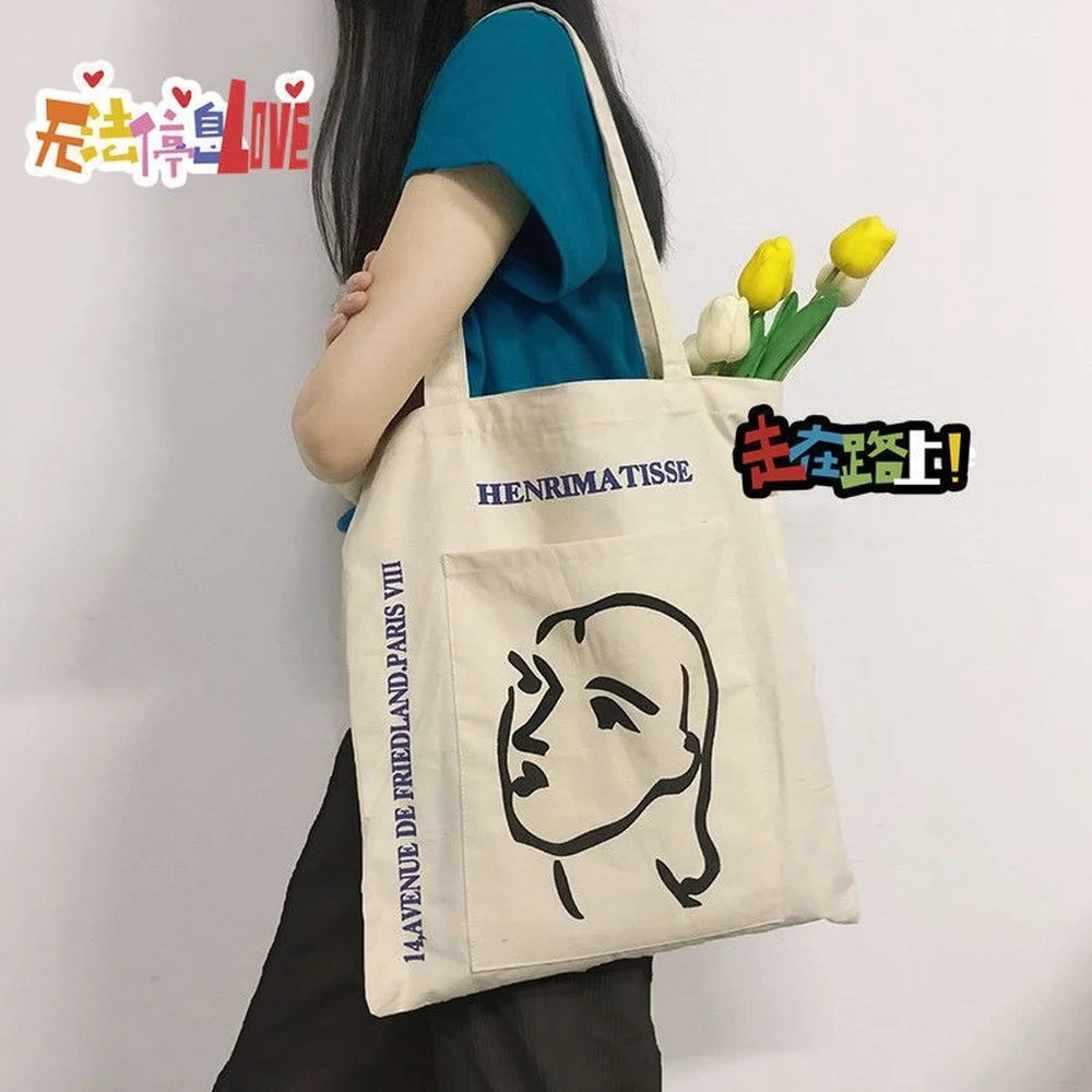 Stick Figure Printed Canvas Tote Bag Eco Friendly Shoulder Handbag