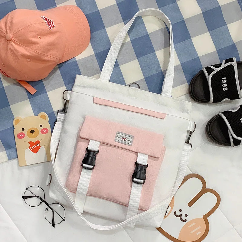 Women Canvas Bag Double Buckle Canvas Student Tutoring Bag Large Capacity