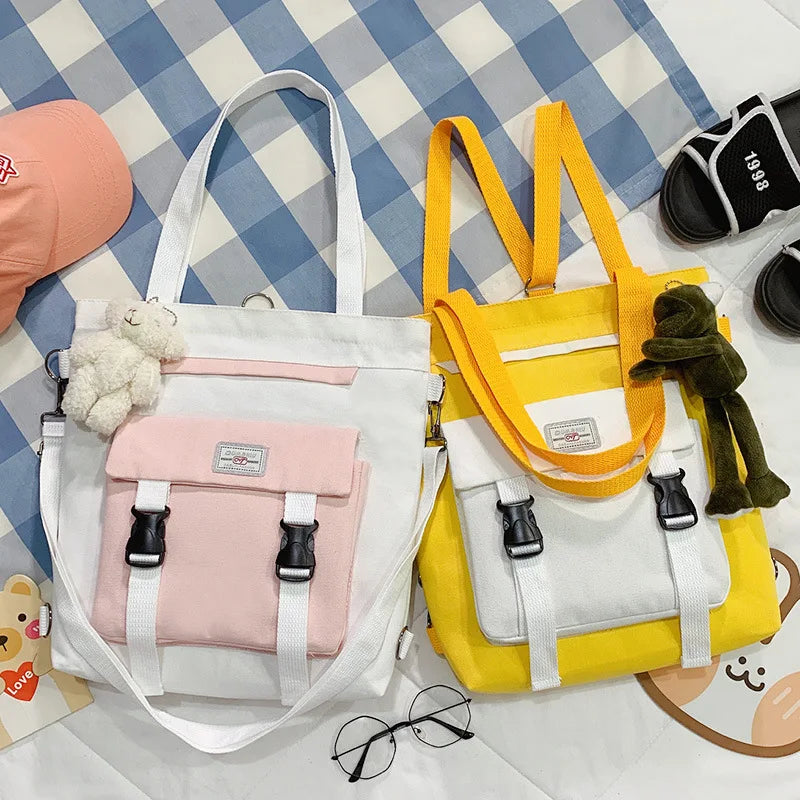 Women Canvas Bag Double Buckle Canvas Student Tutoring Bag Large Capacity