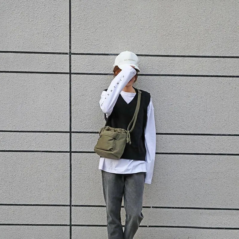 Women Canvas Bucket Crossbody Bags Drawstring Shoulder Handbag