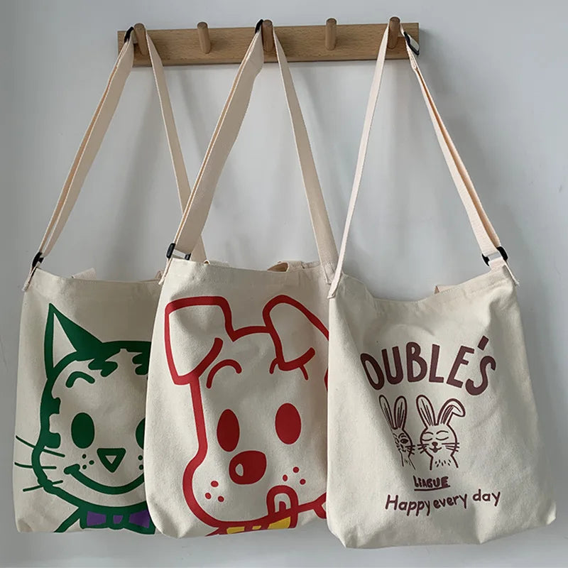 Women Canvas Crossbody Bag Cartoon Shoulder Canvas Bag For Girl