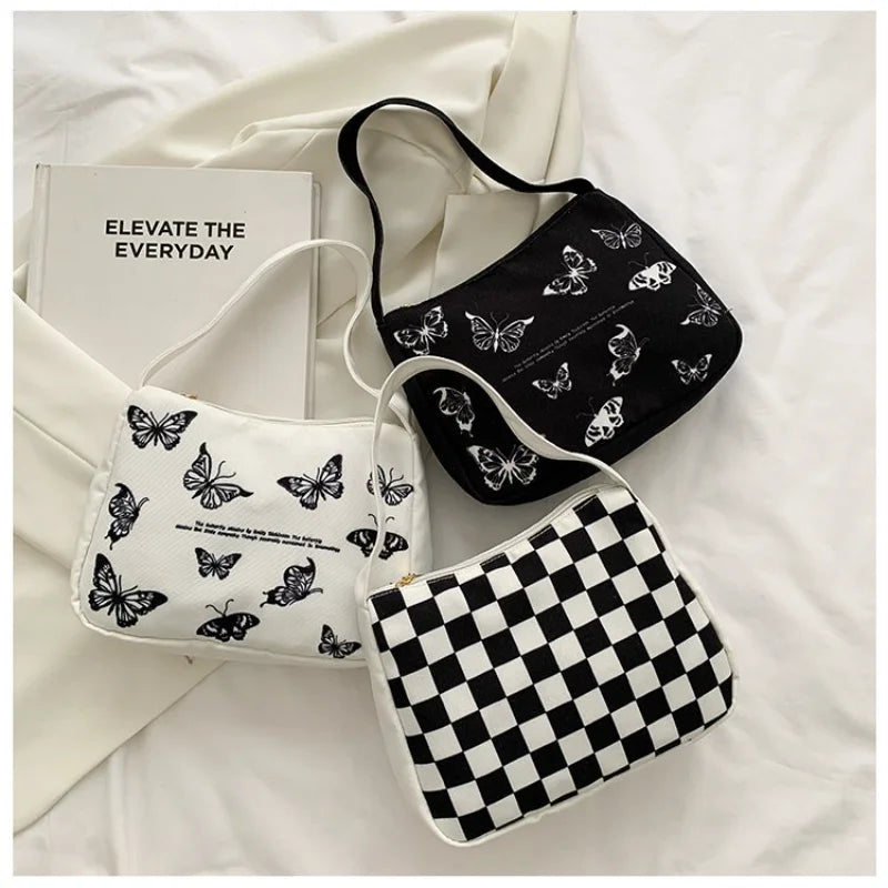 Women Canvas Handbag Butterfly Print Small Shoulder Bags Ladie Underarm Bag
