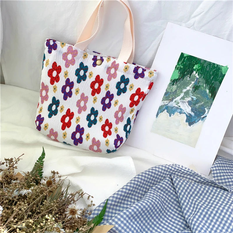 Women Canvas Handbag Flower Print Casual Large Capacity Shoulder Bag