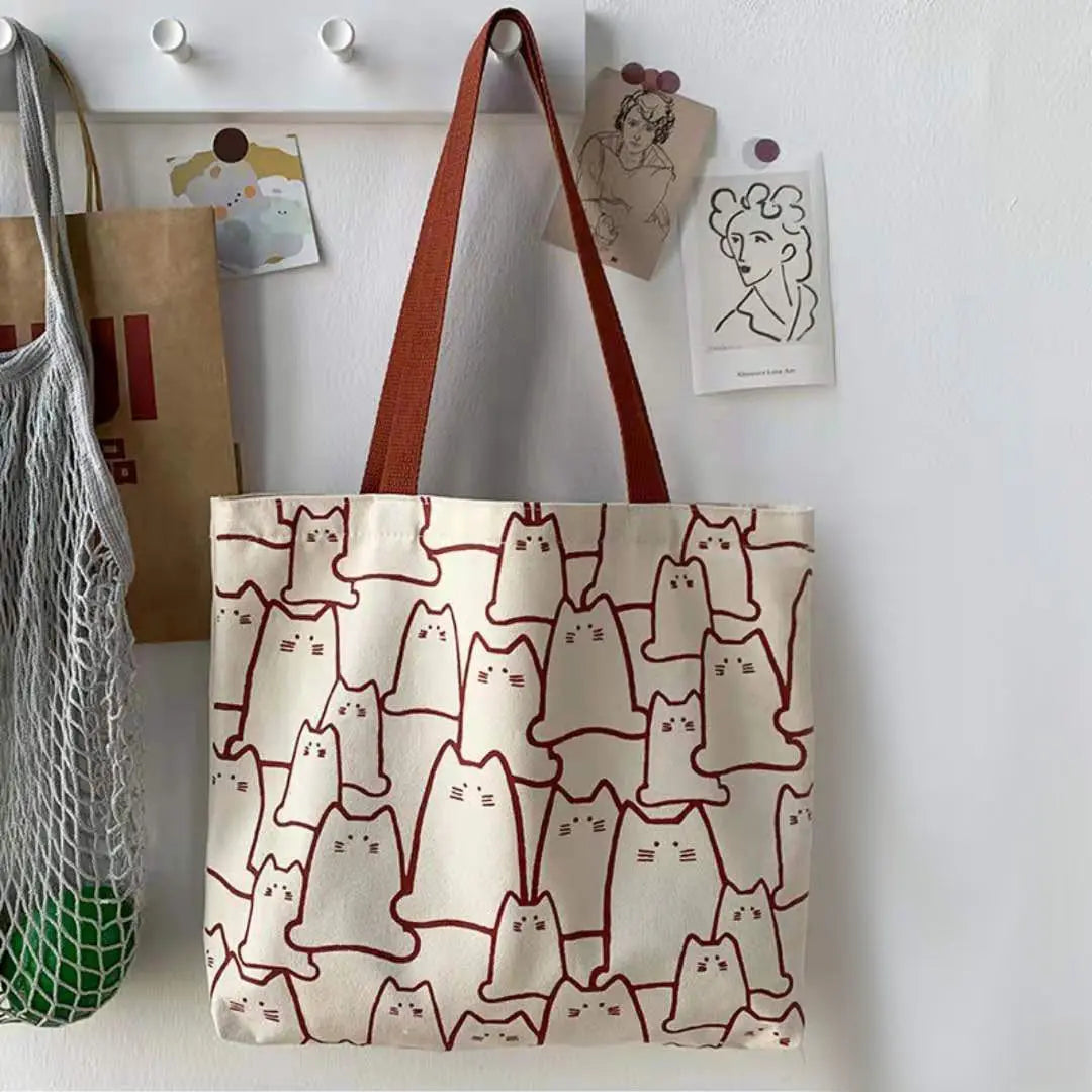 Canvas Cat Tote Bag with Zipper for Women