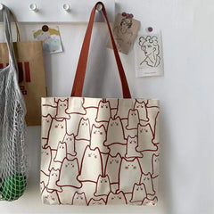 Canvas Cat Tote Bag with Zipper for Women