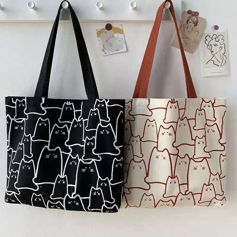 Canvas Cat Tote Bag with Zipper for Women