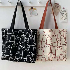 Canvas Cat Tote Bag with Zipper for Women