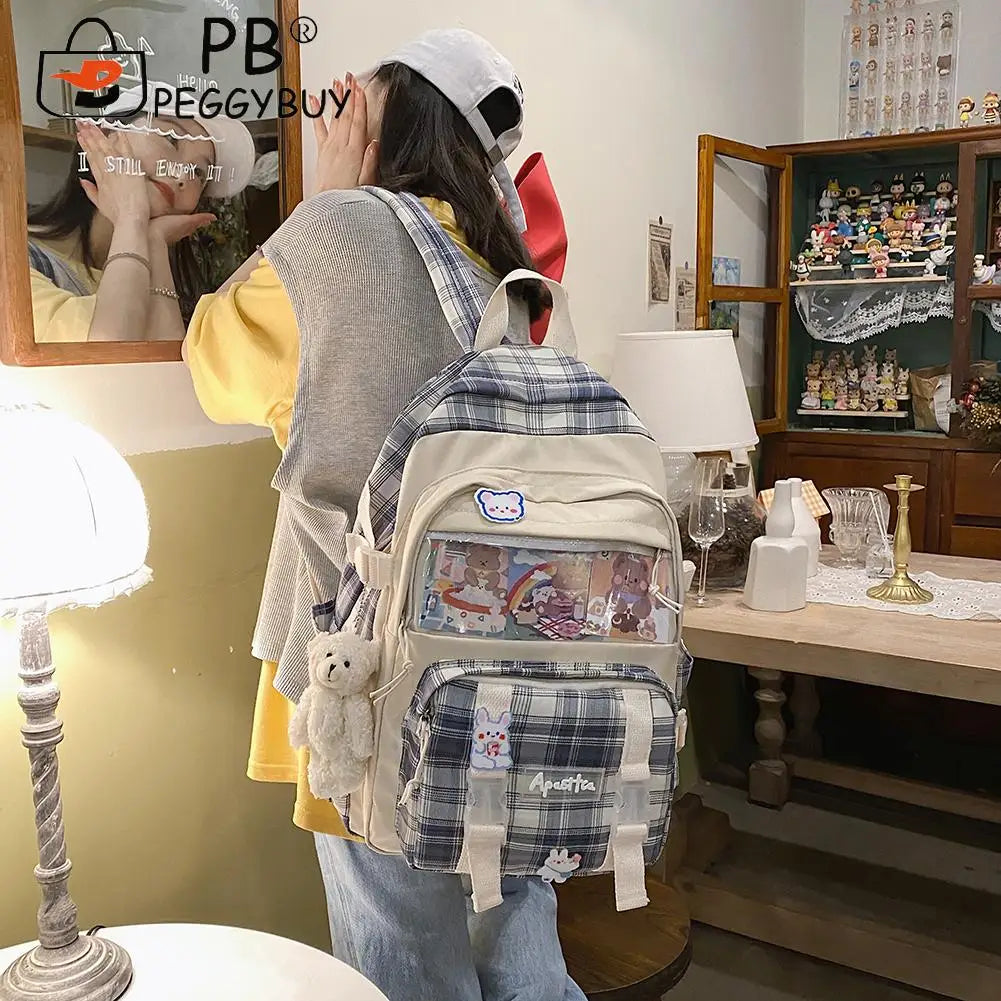 Canvas Patchwork School Bag Plaid Travel Backpack Zipper Handbag