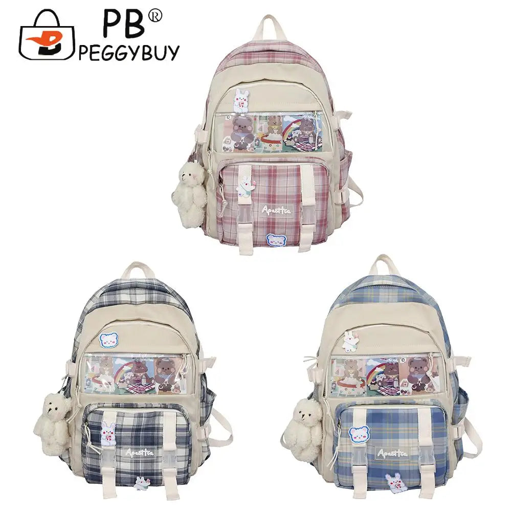 Canvas Patchwork School Bag Plaid Travel Backpack Zipper Handbag