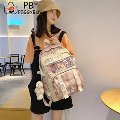 Canvas Patchwork School Bag Plaid Travel Backpack Zipper Handbag