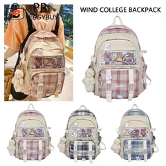 Canvas Patchwork School Bag Plaid Travel Backpack Zipper Handbag