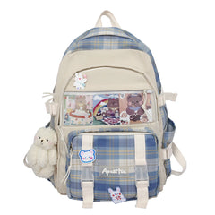 Canvas Patchwork School Bag Plaid Travel Backpack Zipper Handbag