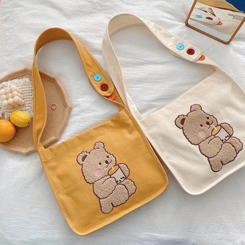 Canvas Plush Shoulder Bag with Bear Embroidery