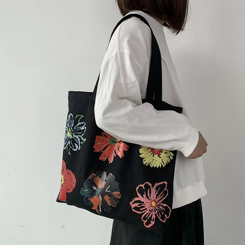 Flower Canvas Shopping Bag Large Capacity Shoulder Tote Handbag