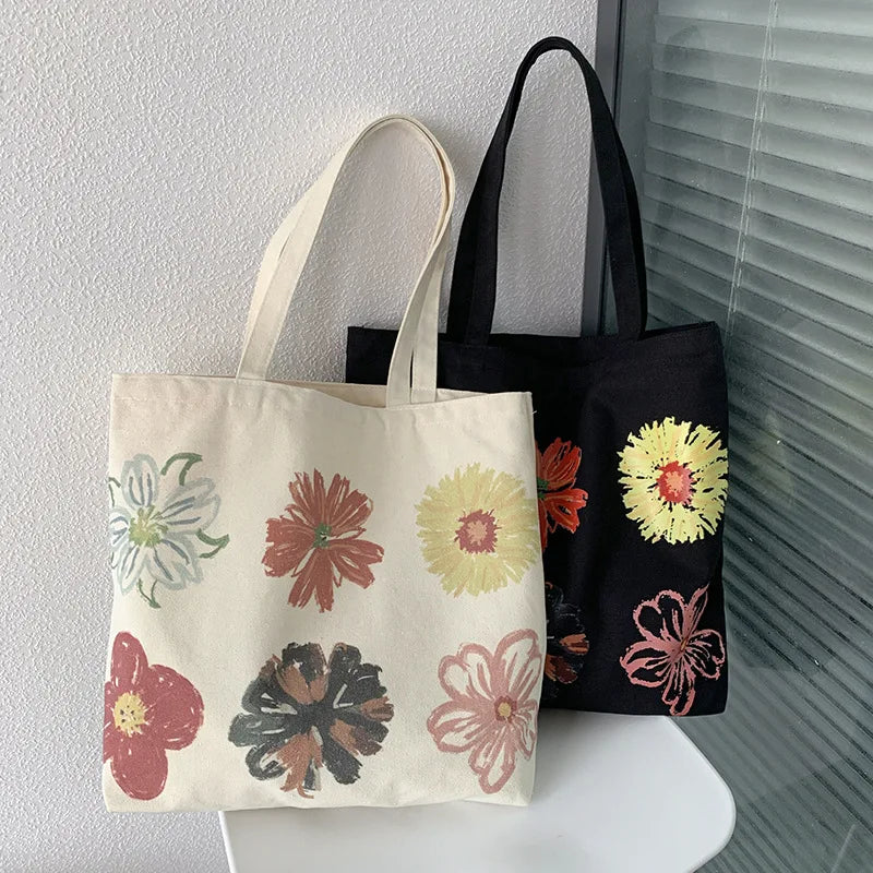 Flower Canvas Shopping Bag Large Capacity Shoulder Tote Handbag