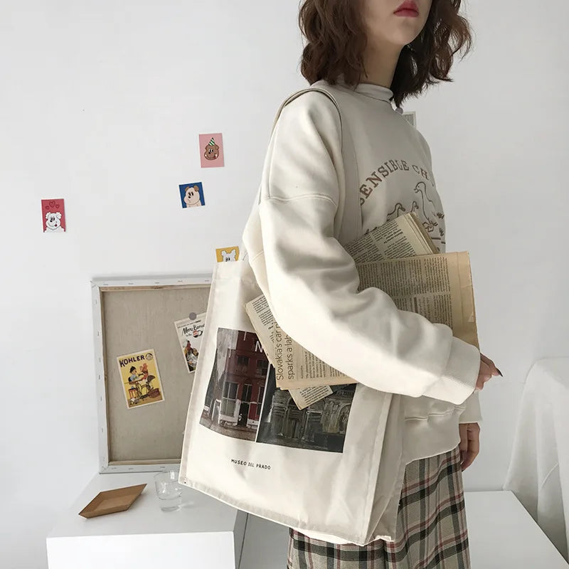Prado Museum Female Cotton Cloth Shoulder Bag Eco Handbag Tote