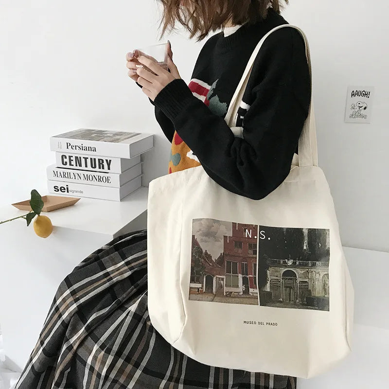 Prado Museum Female Cotton Cloth Shoulder Bag Eco Handbag Tote