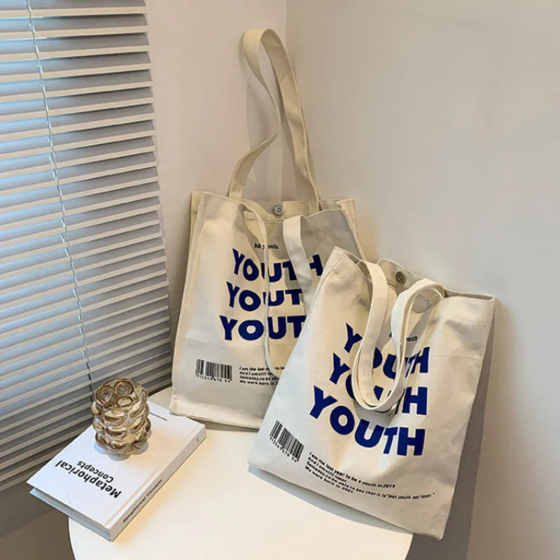 YOUTH Letters Print Canvas Shoulder Bag Eco Handbag Tote